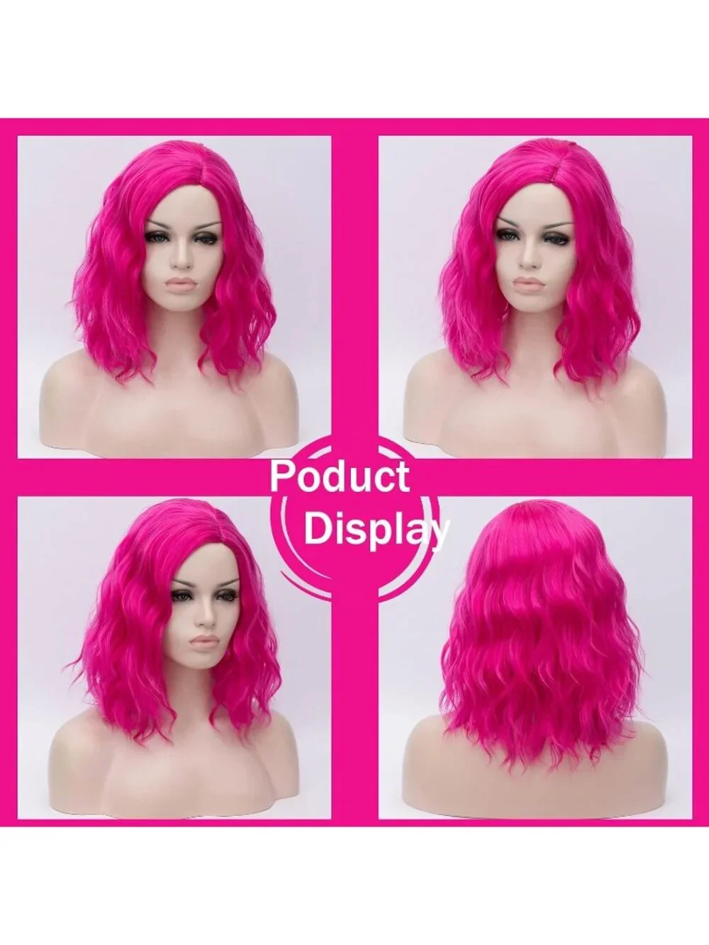 Women's 14 Inch Hot Pink Wavy Bob Wig Short Curly Synthetic Heat Resistant